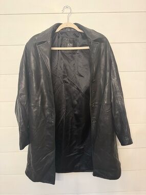 M.STUDIO Black Leather Button-Front Longline Coat
